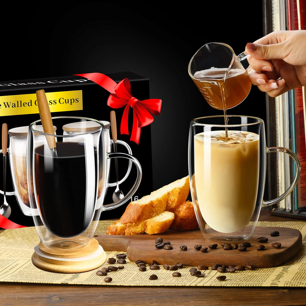 Double Wall Glass Coffee Mugs 16Oz with Bamboo Lid/Spoon, Glass Coffee Cups Set of 2 with Handle, Insulated Clear Coffee Mug, Perfect for Latte, Cappuccino, Espresso, Hot Beverage, Tea