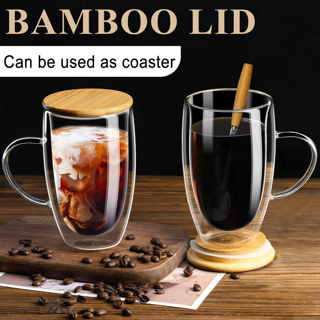 Double Wall Glass Coffee Mugs 16Oz with Bamboo Lid/Spoon, Glass Coffee Cups Set of 2 with Handle, Insulated Clear Coffee Mug, Perfect for Latte, Cappuccino, Espresso, Hot Beverage, Tea