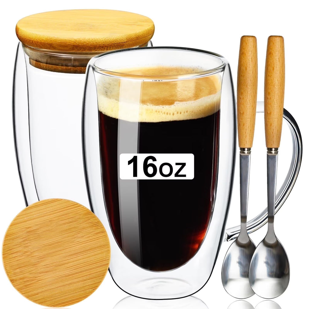 Double Wall Glass Coffee Mugs 16Oz with Bamboo Lid/Spoon, Glass Coffee Cups Set of 2 with Handle, Insulated Clear Coffee Mug, Perfect for Latte, Cappuccino, Espresso, Hot Beverage, Tea