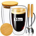 Double Wall Glass Coffee Mugs 16Oz with Bamboo Lid/Spoon, Glass Coffee Cups Set of 2 with Handle, Insulated Clear Coffee Mug, Perfect for Latte, Cappuccino, Espresso, Hot Beverage, Tea