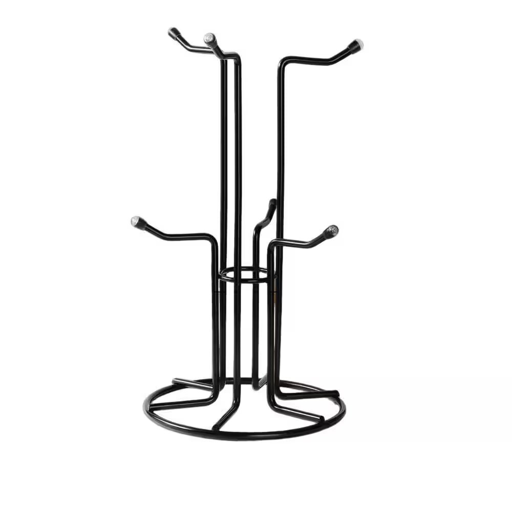 Black Metal Mug Tree for Large Cups, Counter Coffee Mug Holder with 6 Hooks, Coffee Cup Holder Tree, Standing Rack