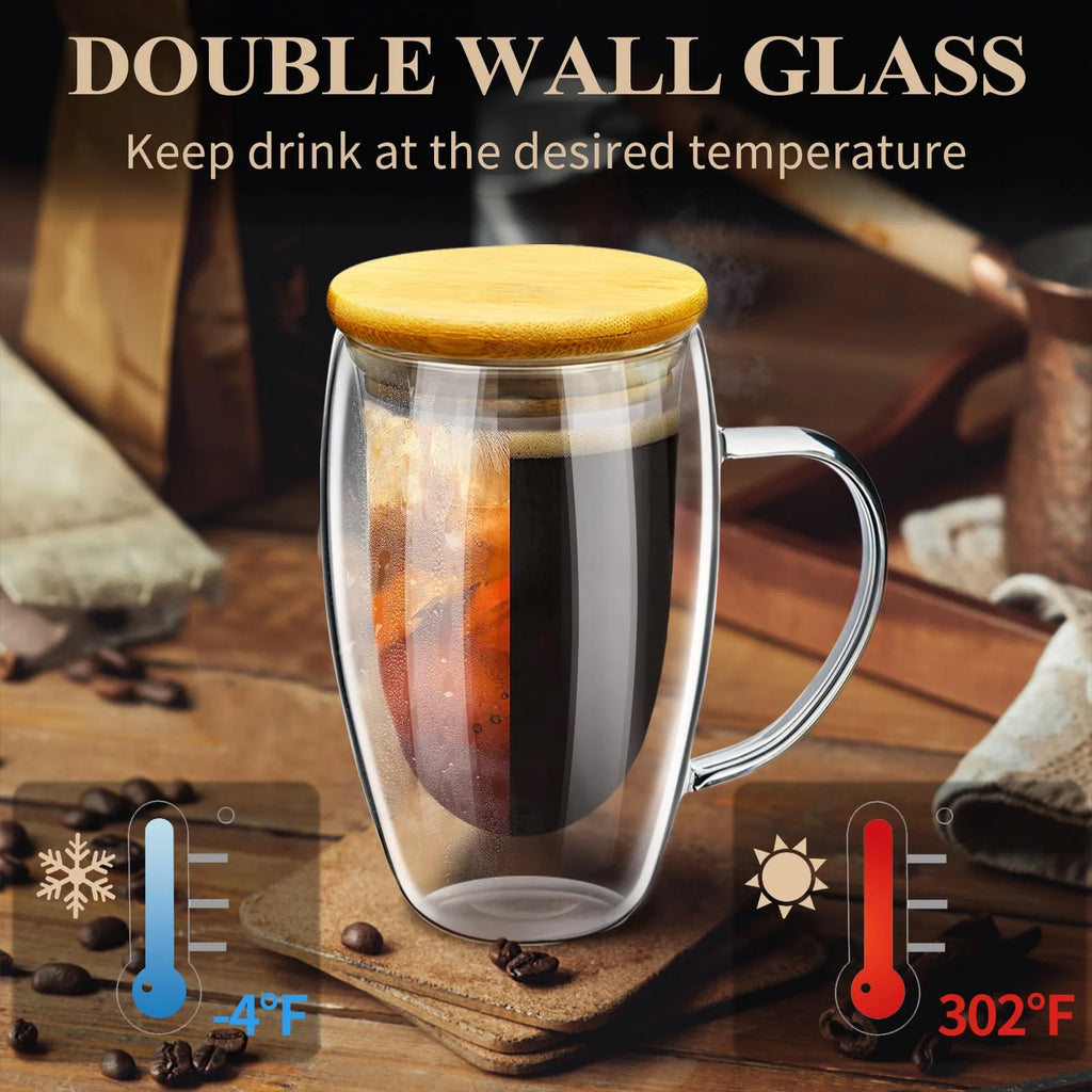 Double Wall Glass Coffee Mugs 16Oz with Bamboo Lid/Spoon, Glass Coffee Cups Set of 2 with Handle, Insulated Clear Coffee Mug, Perfect for Latte, Cappuccino, Espresso, Hot Beverage, Tea