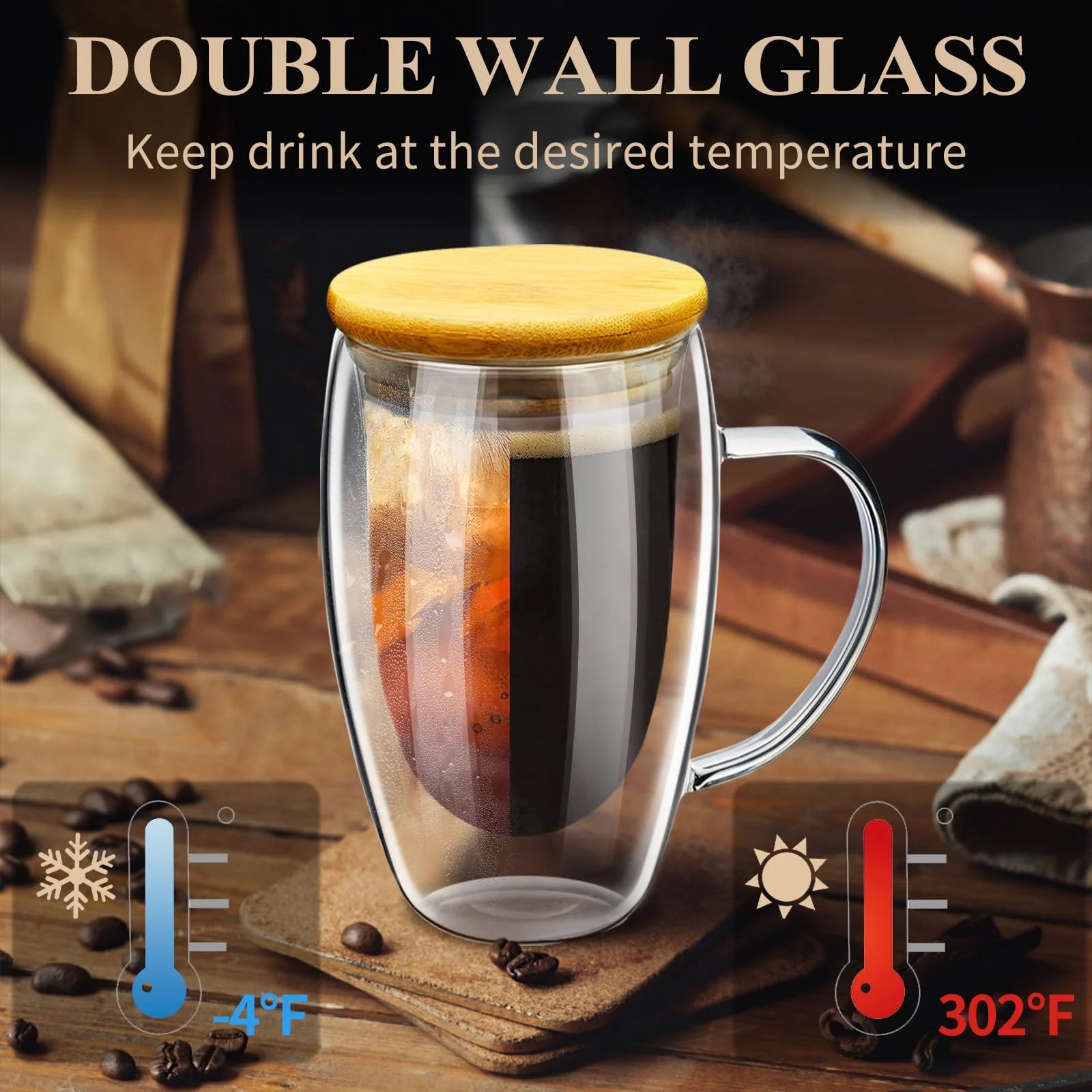 Double Wall Glass Coffee Mugs 16Oz with Bamboo Lid/Spoon, Glass Coffee Cups Set of 2 with Handle, Insulated Clear Coffee Mug, Perfect for Latte, Cappuccino, Espresso, Hot Beverage, Tea