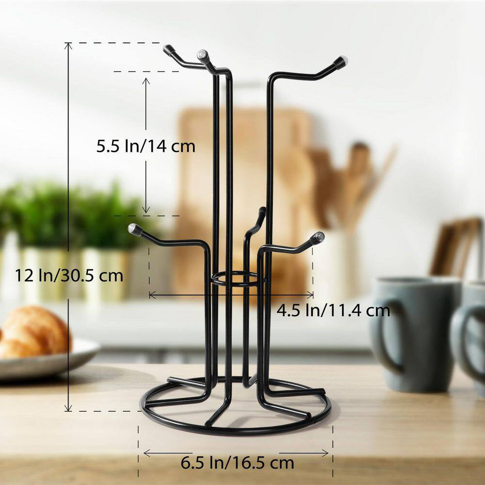 Black Metal Mug Tree for Large Cups, Counter Coffee Mug Holder with 6 Hooks, Coffee Cup Holder Tree, Standing Rack