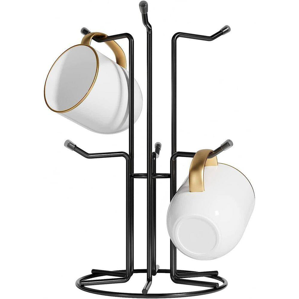 Black Metal Mug Tree for Large Cups, Counter Coffee Mug Holder with 6 Hooks, Coffee Cup Holder Tree, Standing Rack