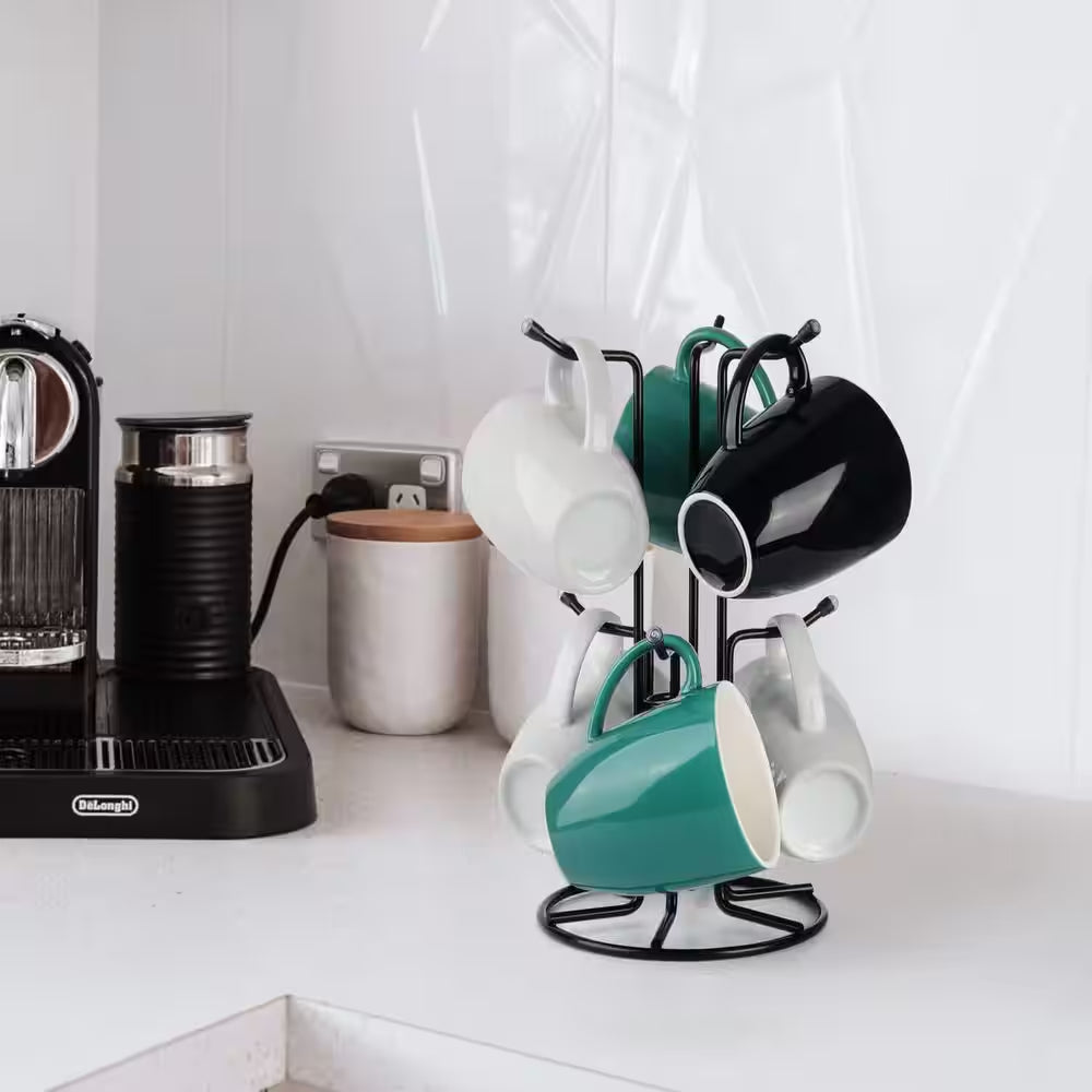Black Metal Mug Tree for Large Cups, Counter Coffee Mug Holder with 6 Hooks, Coffee Cup Holder Tree, Standing Rack