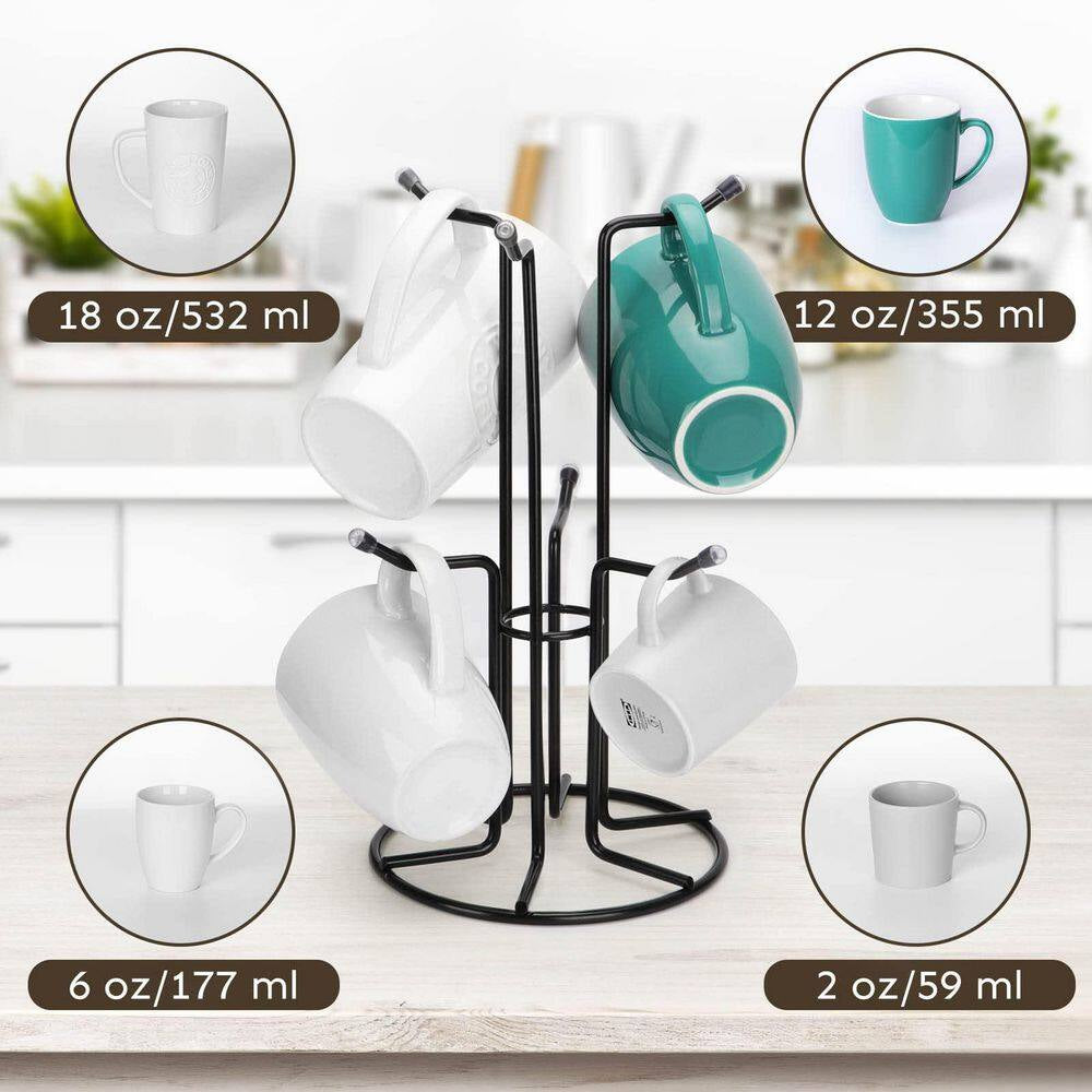 Black Metal Mug Tree for Large Cups, Counter Coffee Mug Holder with 6 Hooks, Coffee Cup Holder Tree, Standing Rack