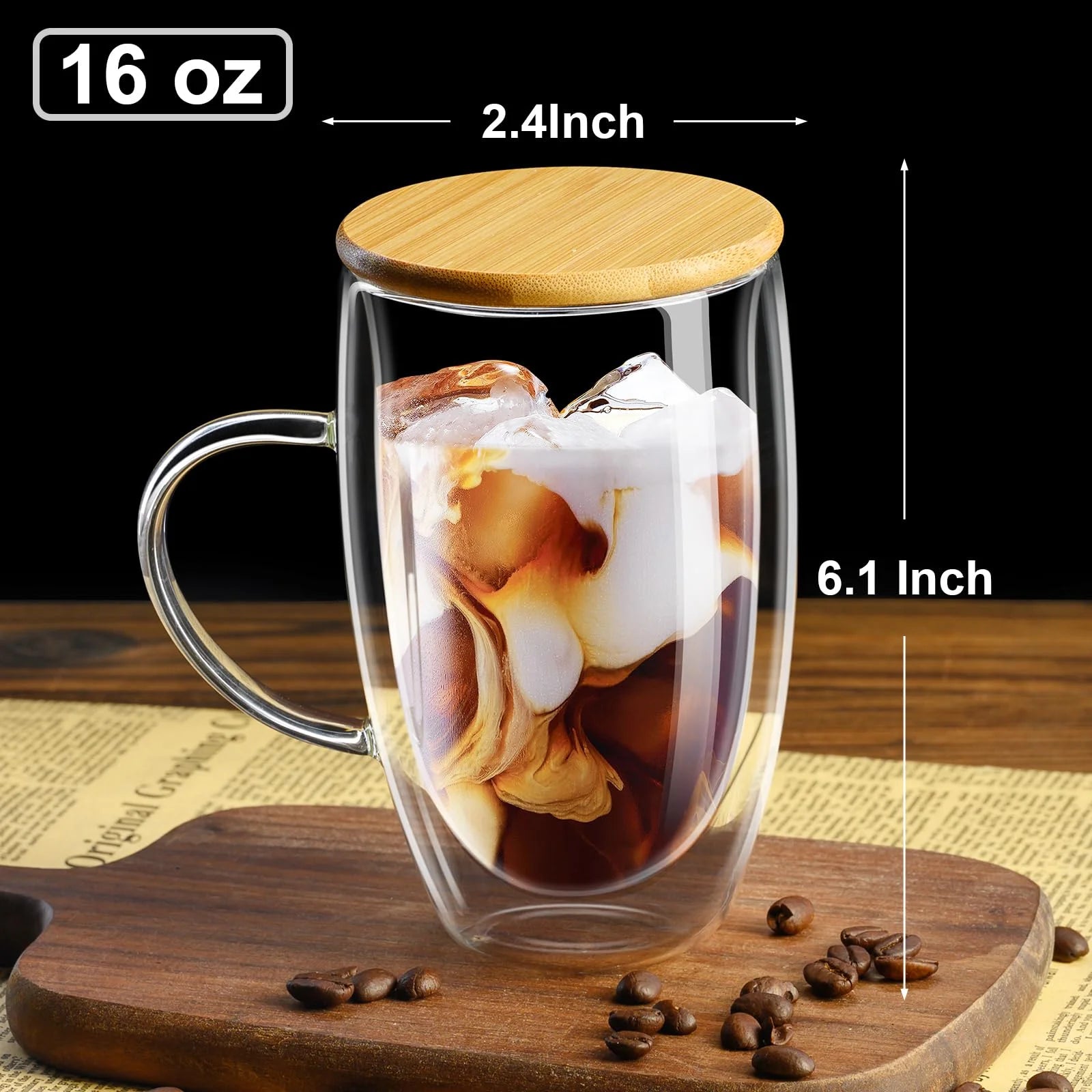 Double Wall Glass Coffee Mugs 16Oz with Bamboo Lid/Spoon, Glass Coffee Cups Set of 2 with Handle, Insulated Clear Coffee Mug, Perfect for Latte, Cappuccino, Espresso, Hot Beverage, Tea
